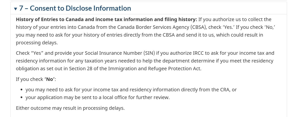 IRCC 公开页面真实截图，CNForm 中文箭头标注；完整文字说明在图后。 资料披露同意 · IRCC 公开说明页，非 Portal 画面